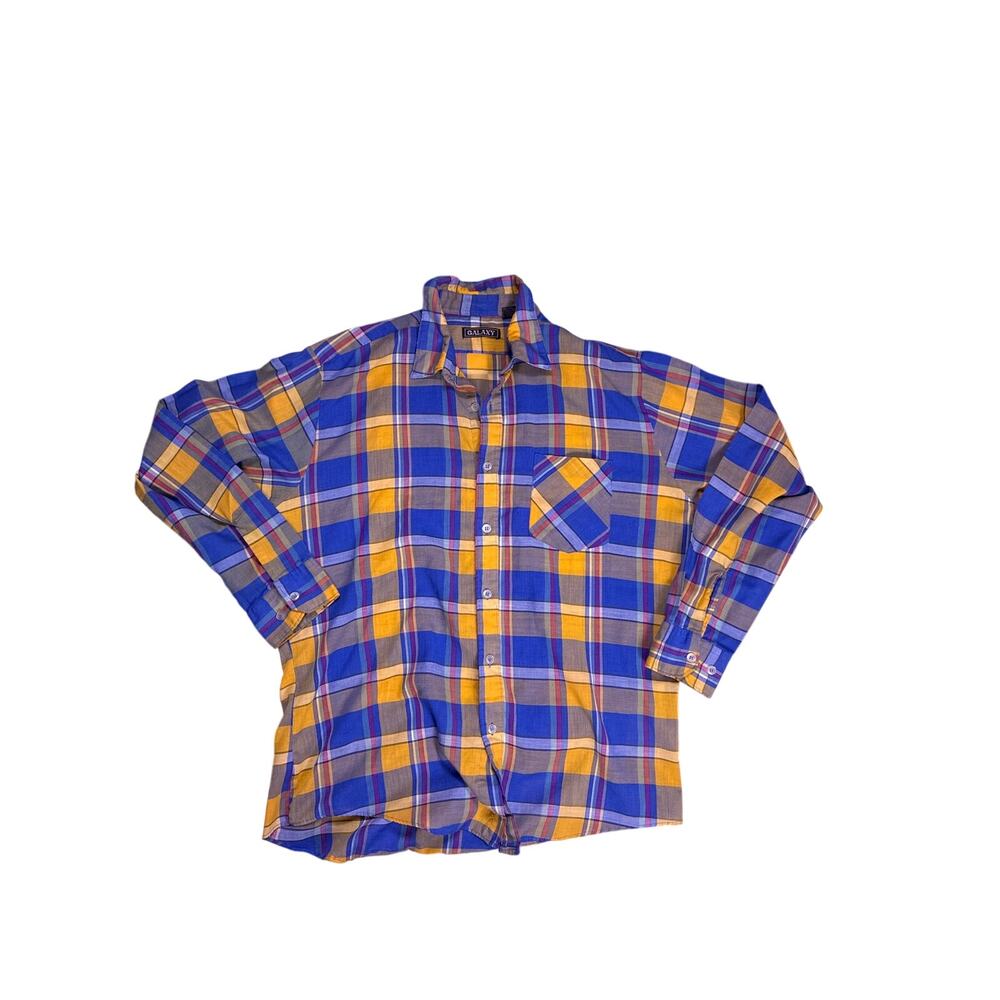 Vintage Y2K Plaid Flannel Shirt Mens Large Yellow Blue Grunge Skater Button Up